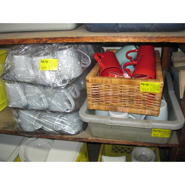 LG. LOT OF ASST. GREY MUGS & BASKET OF ASST. COLORED MUGS