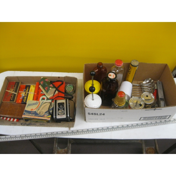 2 BOXES OF MISC. COLLECTABLES - BOTTLES, CUTTERS, CAMERA, ETC.
