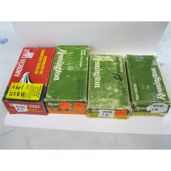 4 PART BOXES OF RIFLE AND PISTOL CARTRIDIGES[1X44, 1X12,1X26,1X14] 