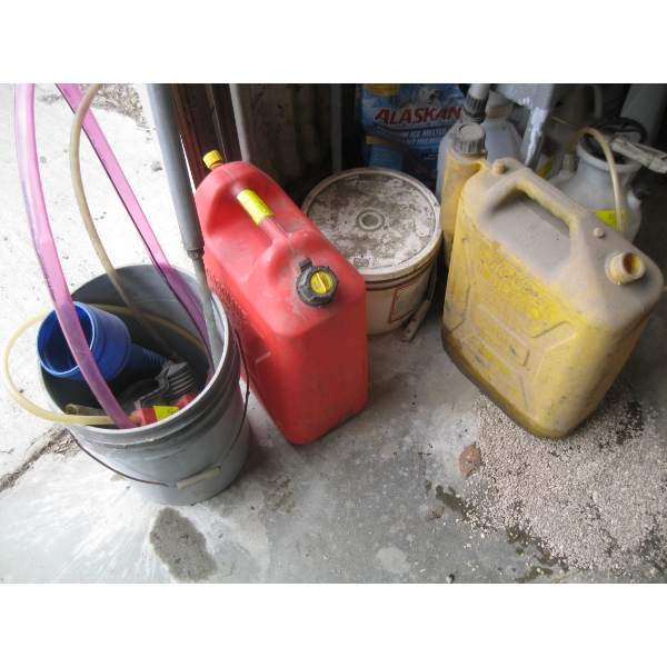 LOT OF MISC. - 2 FUEL CONTAINERS, SIPHON HOSE, FUNNELS, ETC.