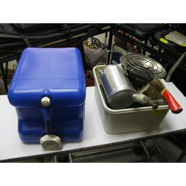 MISC. CAMPING ACCESS.: PROPANE HEATER & STOVE, COFFEE POT, HATCHET, ETC.