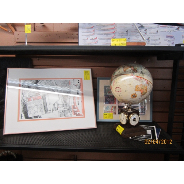 BAROMETER THERMOMETER GLOBE,  FRAMED SPACE COLLECTOR CARDS AND A REID FLEMING PICTURE