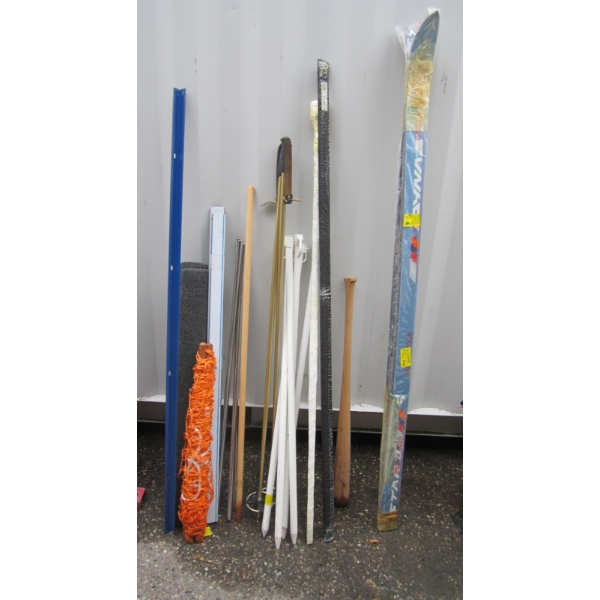 LG. LOT OF UMBRELLA POLES, SKIS, HAMMOCK, ETC.