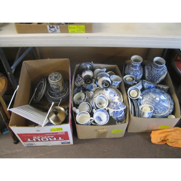 3 BOXES OF BLUE & WHITE DISHWARE