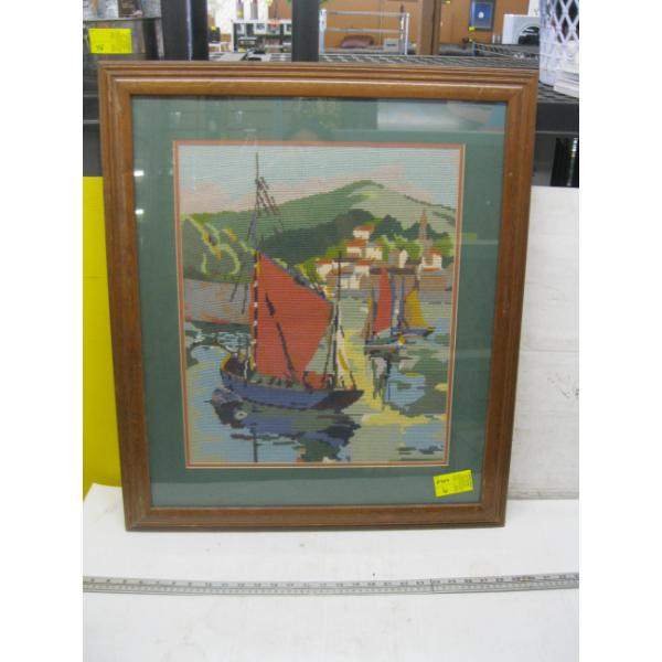 FRAMED NEEDLEPOINT OF SAILBOATS