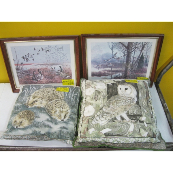 2 FRAMED PRINTS - DUCKS & GEESE & 2 CUSHIONS