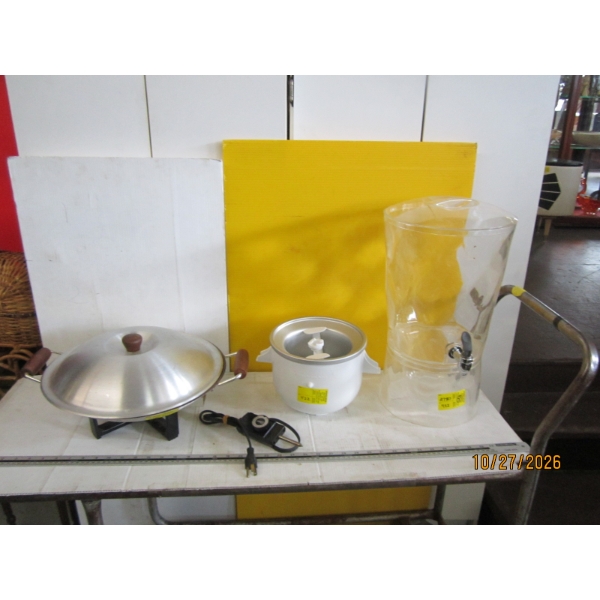 JUICE DISPENSER, KITCHEN AID ICE CREAM ATTACHMENT & AN ELECTRIC WOK