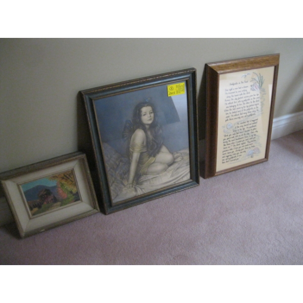 3 FRAMED ITEMS, ORIGINAL PAINTING BY L.D. RICHARDSON, 1942, PRINT OF YOUNG GIRL & FRAMED NEEDLEPOINT