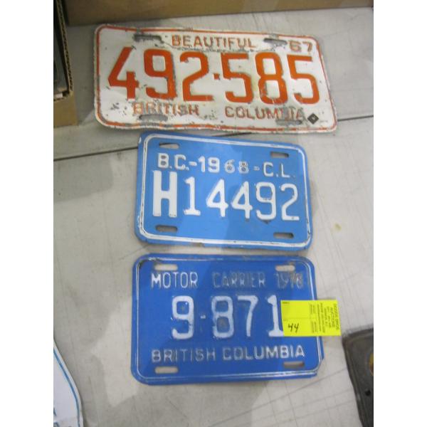 1967 BC LICENSE PLATE & A 1968 & 1976 MOTOR CARRIER LICENSE PLATES