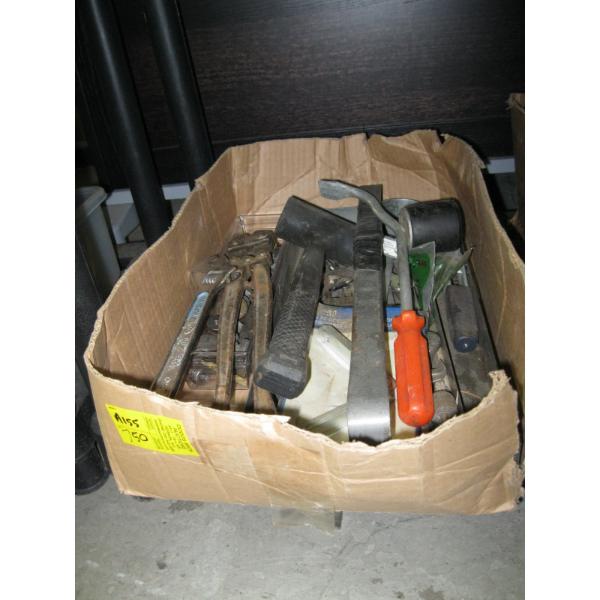 BOX OF MISC. BOLT CUTTERS, WRENCHES, ETC.