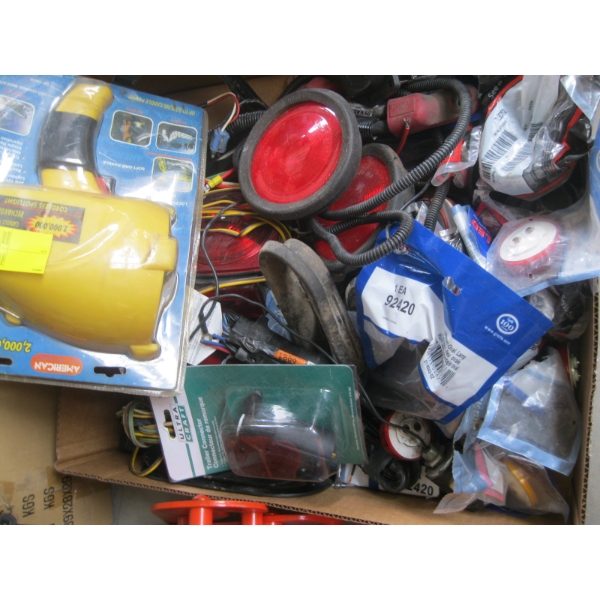ASST. TRAILER WIRING, LIGHTS, RECHARGEABLE SPOTLIGHT, ETC.