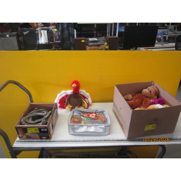 2 BOXES MISC. HORSESHOES, TY BEANIE BABIES, ETC.