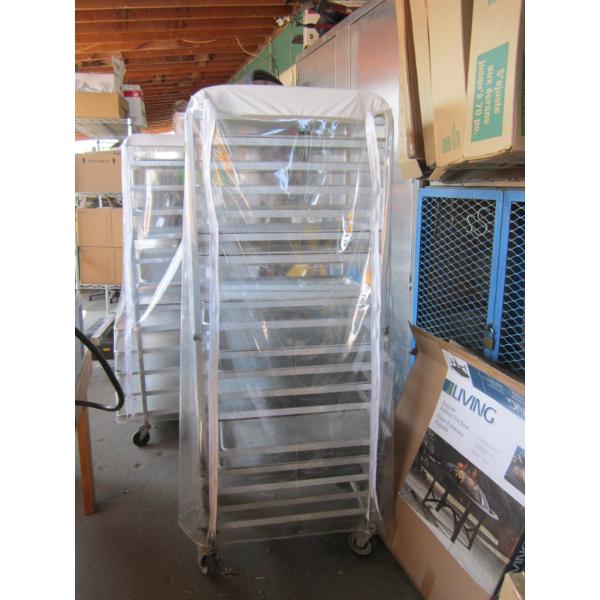 ROLLING PAN RACK W/PANS & PLASTIC COVER