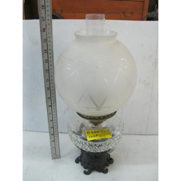 BRACKET LAMP ACID ETCHED & CUT SHADE ON CAST IRON BASE OIL LAMP