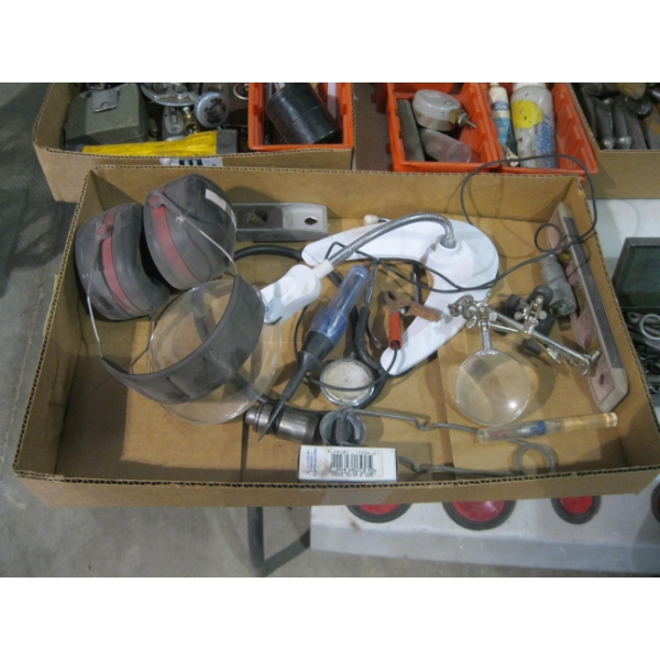 BOX OF MISC. - ADJ. MAGNIFYING HOLDER, EAR PROTECTION, ETC.