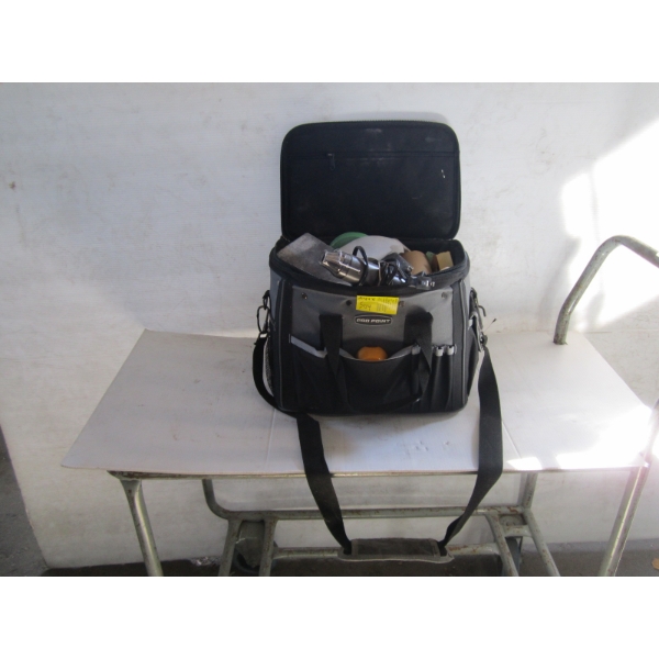 PAINTING BAG W/ASST. ITEMS: STUD FINDER,  HEAT GUN, ETC.