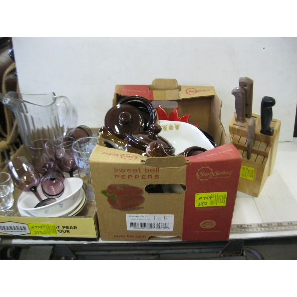 2 BOXES OF MISC. DISHWARE, FRENCH ONION SOUP BOWLS, KNIVES, ETC.