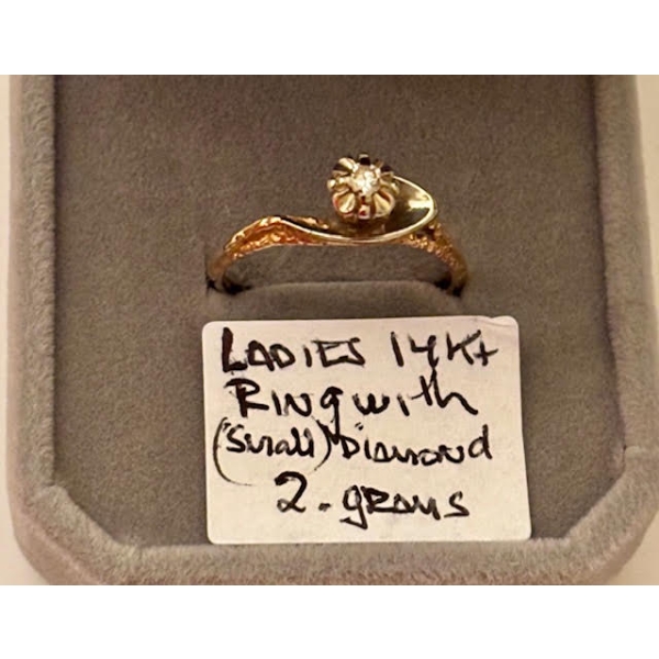 LADIES 14KT RING W/SM. DIAMONDS, 2G, SZ 7 1/4