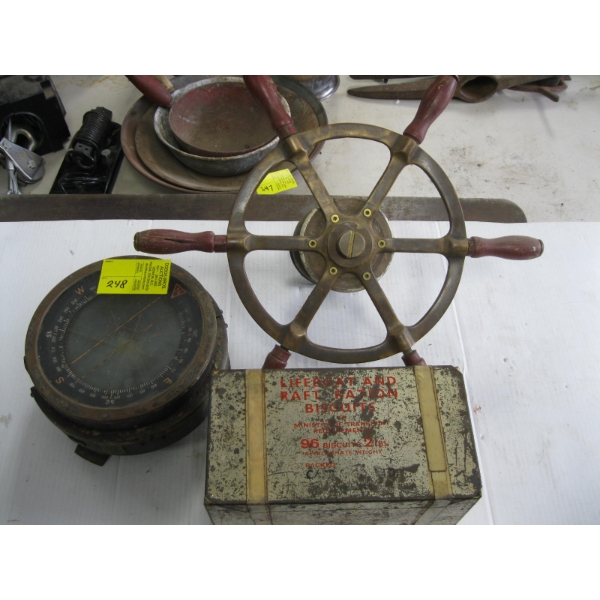 MISC. BRASS & WOOD SHIP'S WHEEL, COMPASS, LIFEBOAT RATIONS