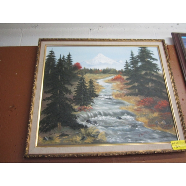 PAINTING OF CREEK W/CABIN & FOREST