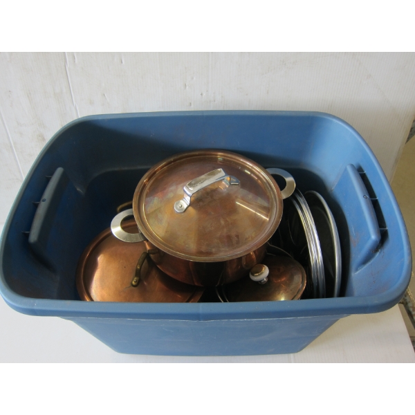 TOTE OF COPPER COOKWARE