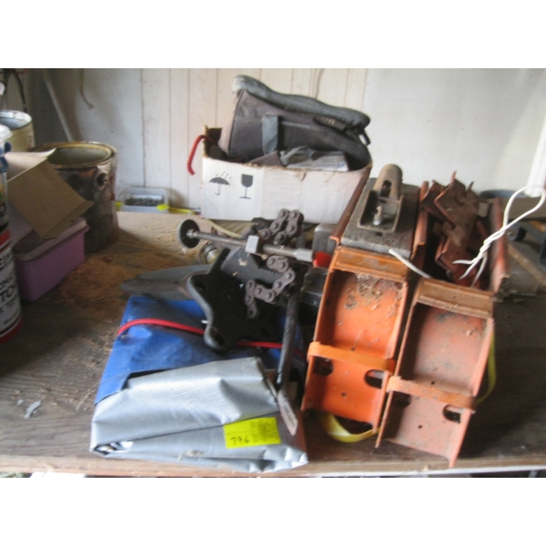 MISC. DRILL BITS, SM. HAND PLANER, BLACK & DECKER WORKHORSE BRACKETS, TARP, VISE, ETC.