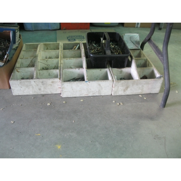3 WOODEN TOTES W/MISC. NUTS & BOLTS, NAILS, ETC.