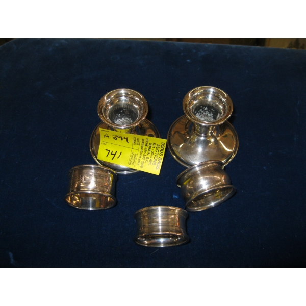 PAIR OF STERLING CANDLESTICKS & 3 NAPKIN RINGS