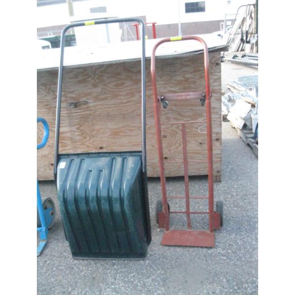 SM. 4 WHEEL HAND TRUCK & A SNOW SHOVEL