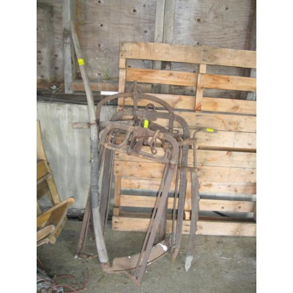 3 HAYLIFTERS, WOODEN HANDLE SCYTHE & HAYCUTTER