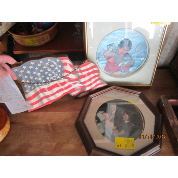WOODEN AMERICAN FLAG & 2 COLLECTOR PLATES