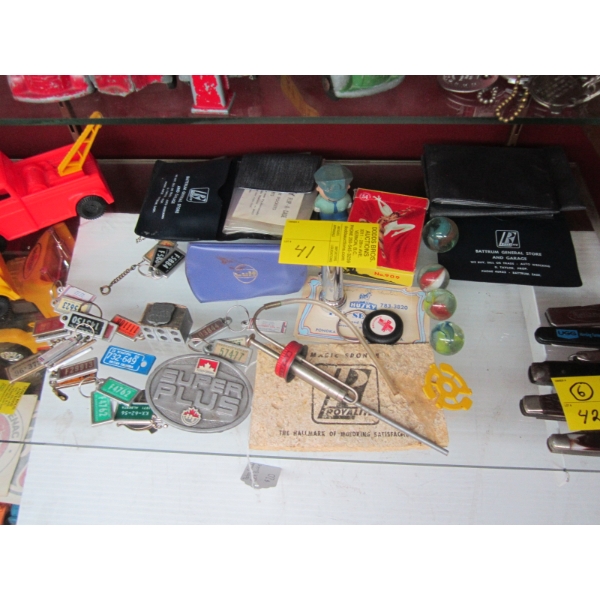 ASST. COLLECTABLES - MARBLES, SM. FUEL PUMP, KEY TAGS, ETC.