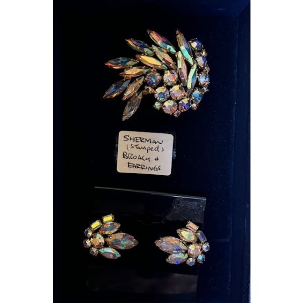 PAIR OF SHERMAN (STAMPED) EARRINGS & BROACH