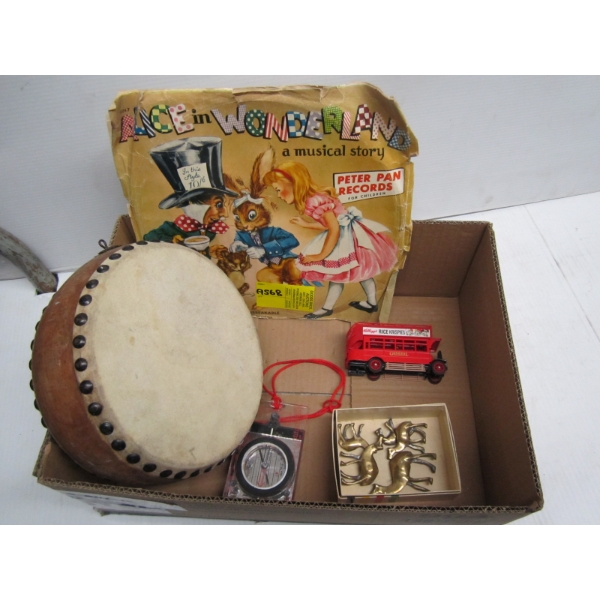 MISC. RICE KRISPIES BUS, CAMEL FIGURINES, COMPASS, DRUM, ETC.