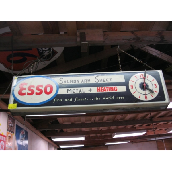 LIGHTED ESSO SALMON ARM SHEET METAL & HEATING CLOCK SIGN