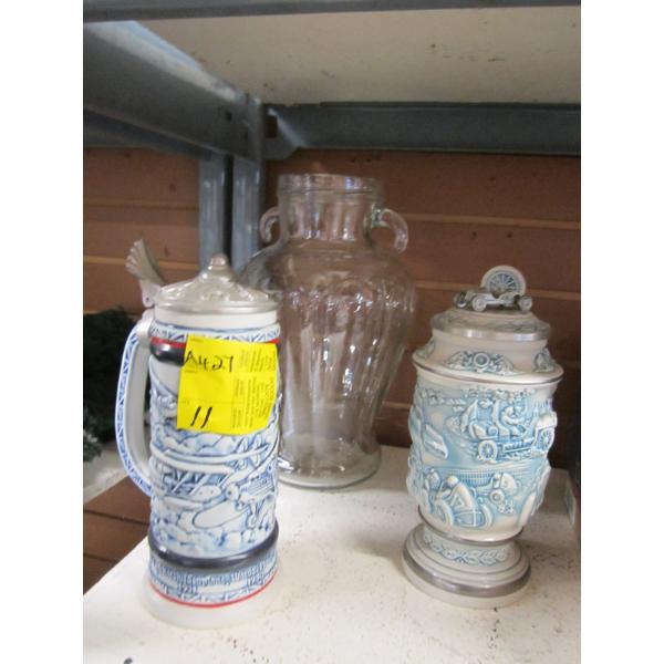 GLASS CANNISTER & 2 STEINS