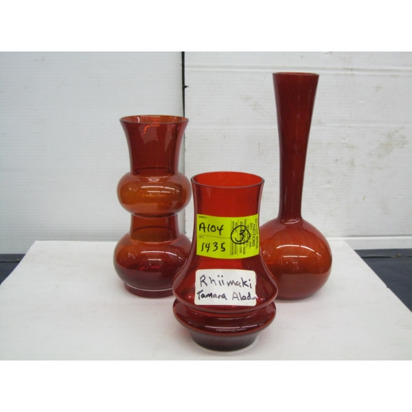 3 PIECES OF RED RIMAKA BY TAMARA ALDIN GLASS VASES