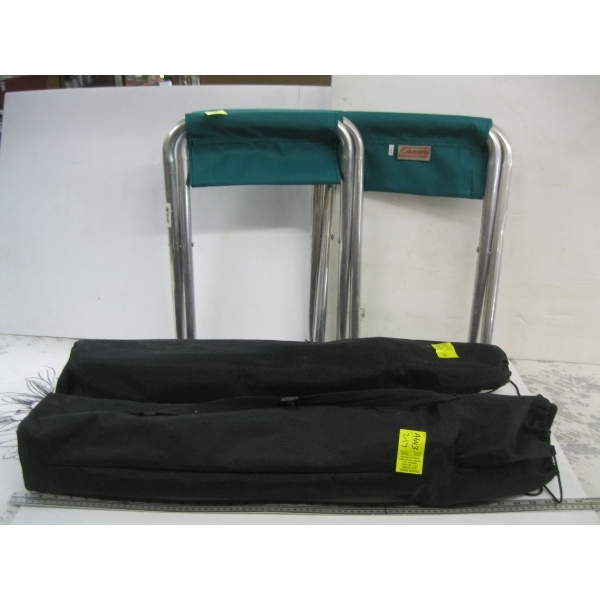 2 COLEMAN FOLD OUT STOOLS & 2 FOLDING CHAIRS