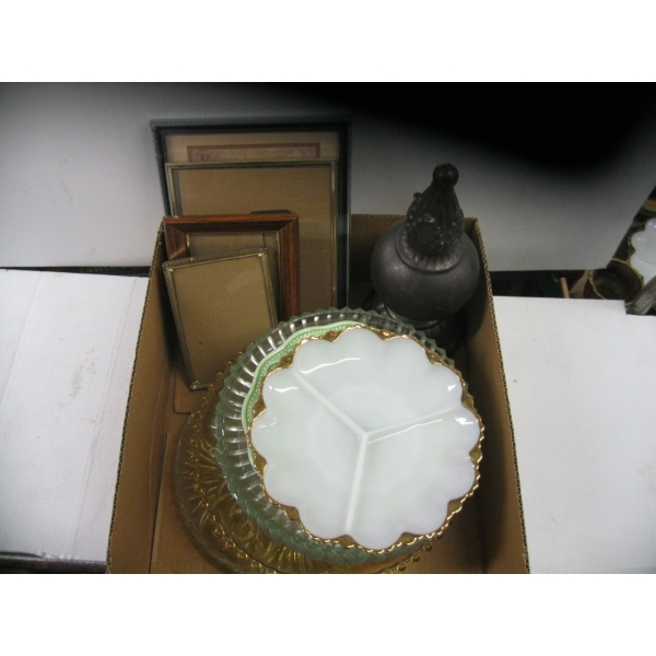 MISC. GLASS SERVING DISHES, PICTURE FRAMES, ETC.