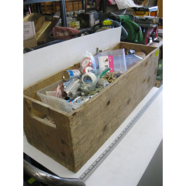 WOODEN TOOL TOTE W/MISC. PLUMBING SUPPLIES