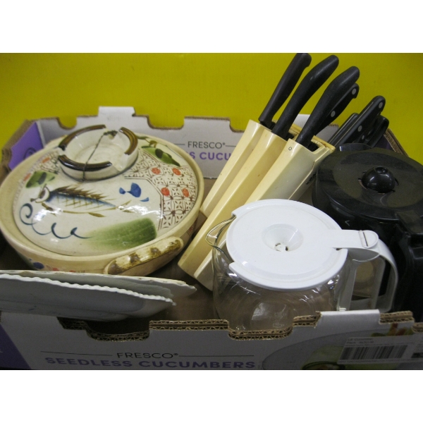 MISC. LG. POTTERY BOWL, KNIFE BLOCK W/ASST. KNIVES, ETC.