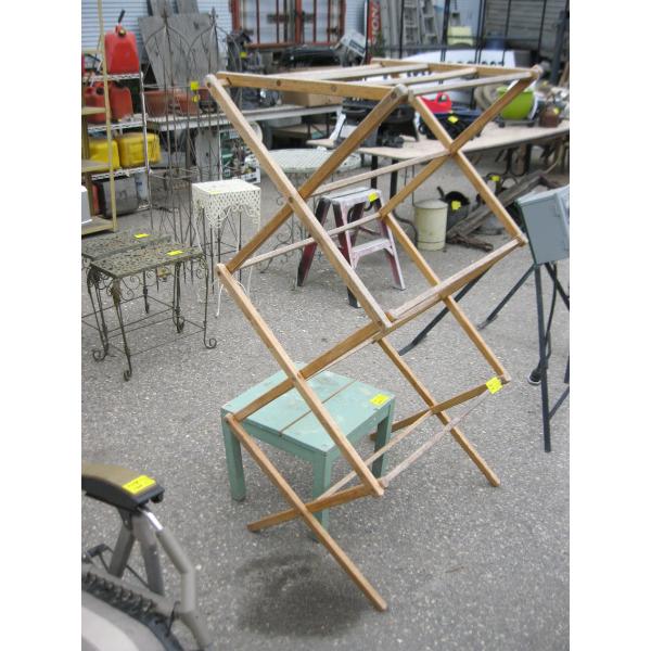 SM. GREEN WOOD TABLE & A FOLDING WOODEN TOWEL RACK