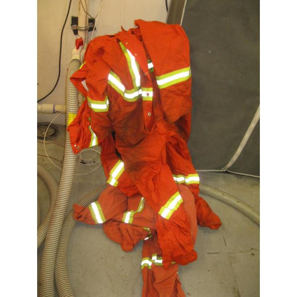 PLASTIC BIN W/ASST. LABCOATS, COVERALLS, ETC.