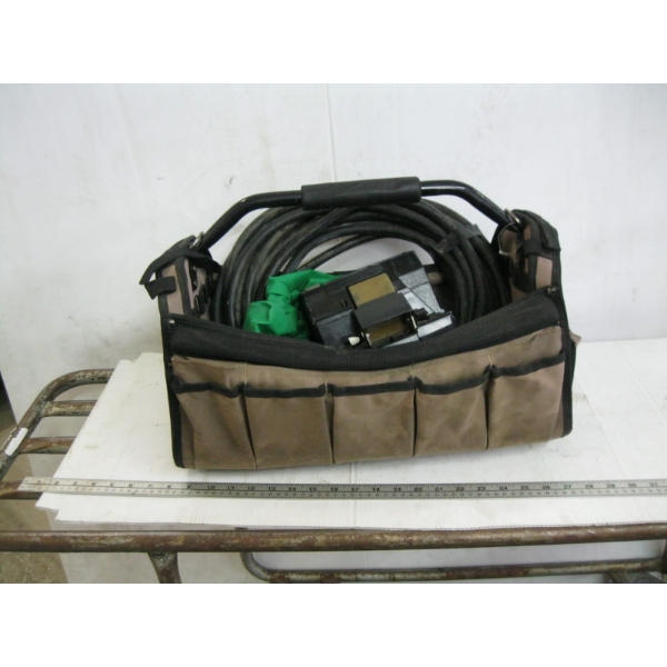 TOOL BAG W/WET WHEEL SHARPENER, EXTENSION CORD, ETC.
