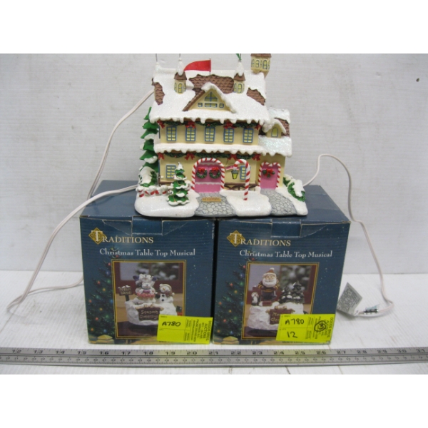 3 SM. FIGURINES - 2 MUSICAL & A LIGHTED SANTA'S HOUSE