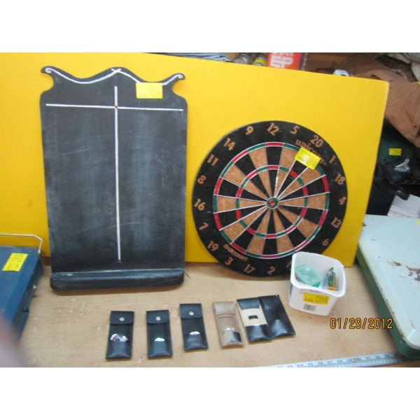 DARTBOARD, CHALKBOARD & BIN OF CHALK