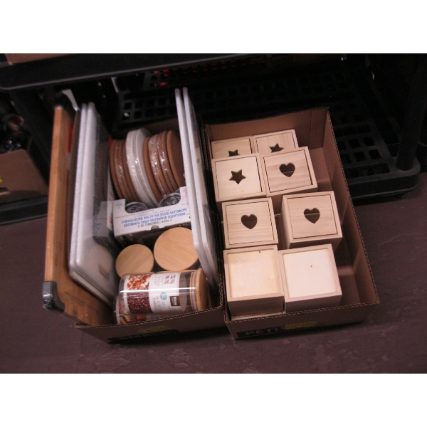 2 FLATS OF NEW CUTTING BOARDS, WOODEN BOXES, CANNISTERS, ETC.