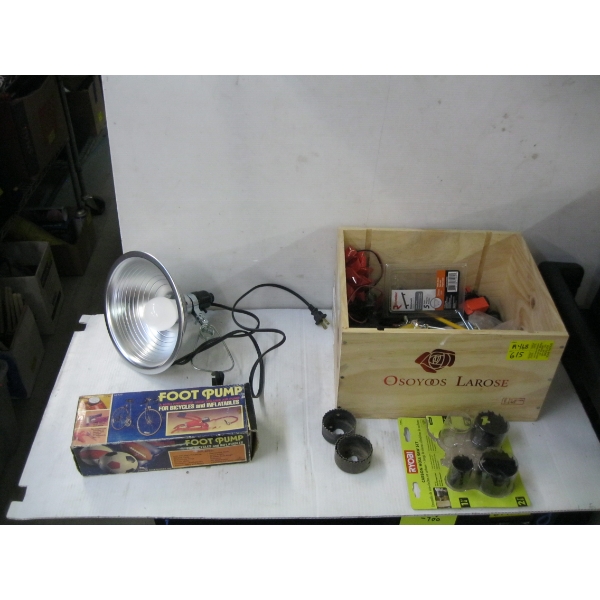 WOODEN CRATE W/MISC. ITEMS - CLAMP ON LIGHT, WHOLE BITS, ETC.