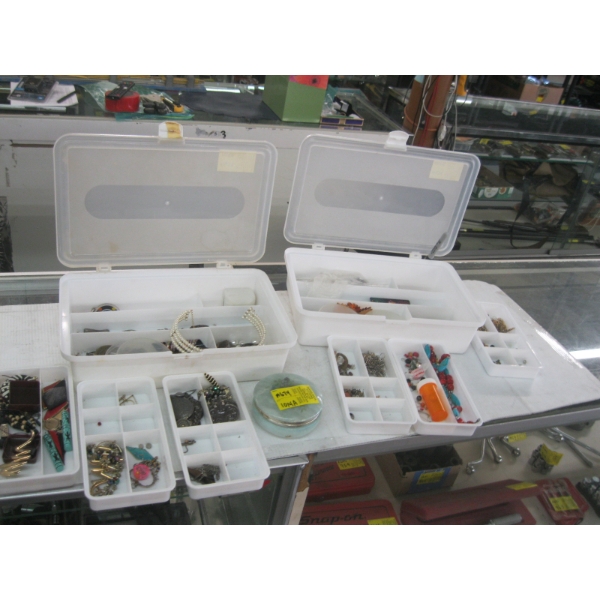 2 CONTAINERS OF JEWELRY AND JEWELRY MAKING HARDWARE & SM. LIDDED CONTAINER