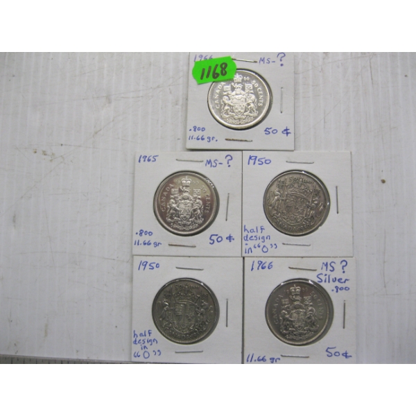 5 CDN SILVER 50 CENT PIECES